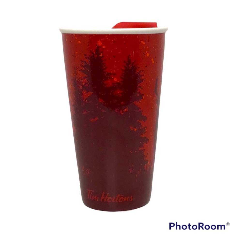 💚 Tim Hortons Tall Travel Mug - Red with Deer